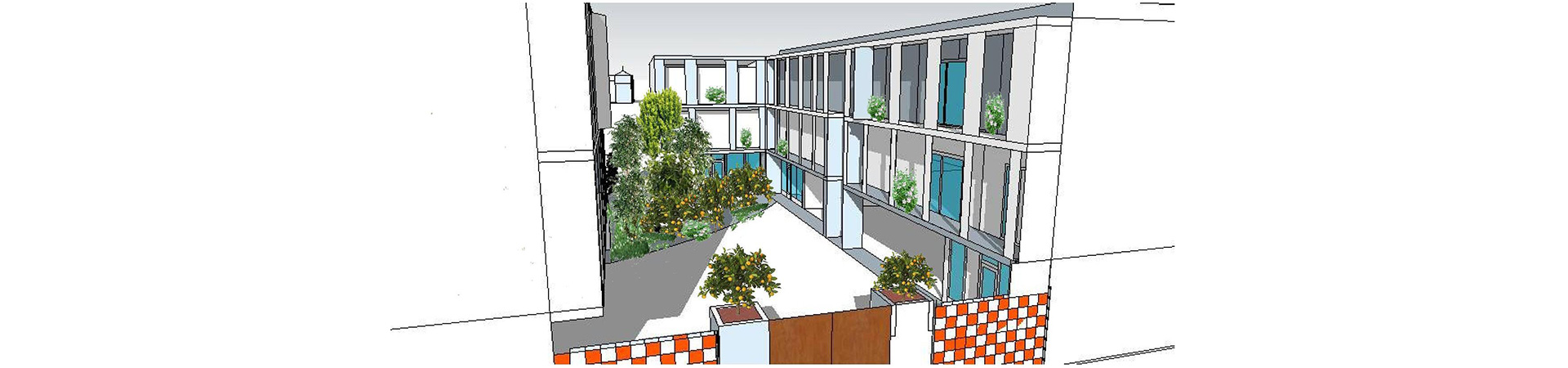 Étude d'un petit collectif végétalisé — cour intérieure plantée d'arbres fruitiers